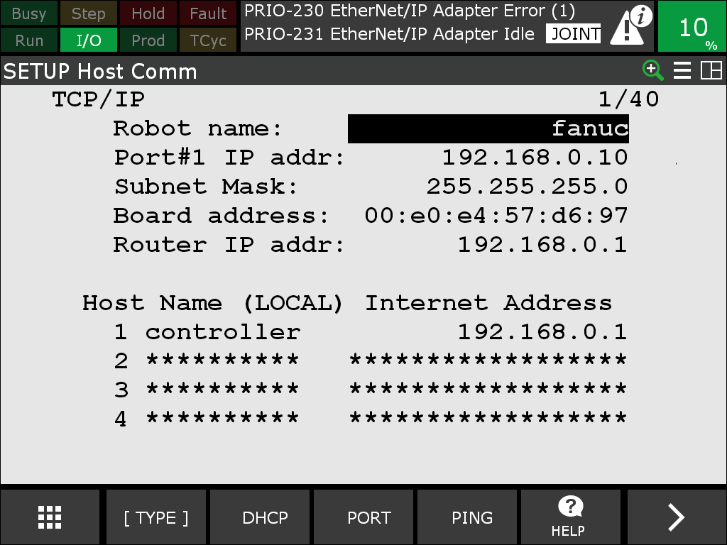 Menu for host communication settings